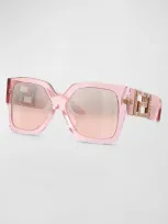 Versace Embellished Greca Acetate Rectangle Sunglasses In Trans Pink