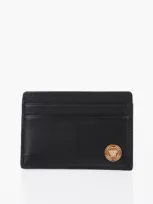 Versace Leather Card Holder With Golden Detail In Black