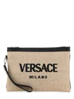 Versace Milano Zipped Clutch Bag In Beige