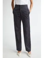 Victoria Beckham Pinstripe Tapered Leg Wool & Cotton Trousers In Midnight/white