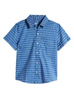 Vineyard Vines Kids' Fish Print Short Sleeve Cotton Madras Button-up Shirt In Upstrm Fish Blu Wave