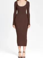 Wayf Cinthia Jewel Neck Long Sleeve Rib Midi Dress In Espresso