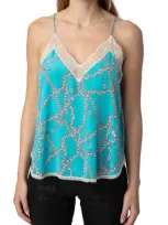 Zadig & Voltaire Christy Chaines Lace Trimmed Silk Camisole In Aqua