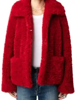 Zadig & Voltaire Fred Soft Curly Sherpa Jacket In Crimson