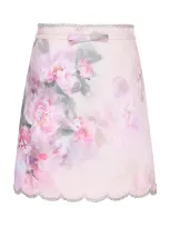 Zimmermann Crush Scalloped Floral Linen Mini Skirt In Pink