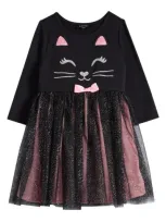 Zunie Kids' Kitty Long Sleeve Jersey & Tulle Party Dress In Black