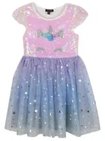 Zunie Kids' Unicorn Sequin Star Mesh Party Dress In Purple/ivory