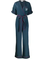 Fendi Tuta Belted Wrap-effect Embroidered Silk Jumpsuit In Blue