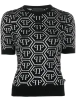 Philipp Plein All Over Logo Knit Top In Black