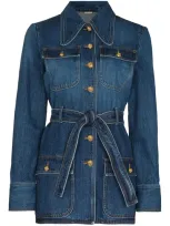 Gucci Belted-waist Cotton Denim Jacket In Blau