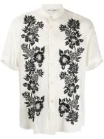 Saint Laurent Off-white Embroidered Tunic Short Sleeve Shirt In White/black