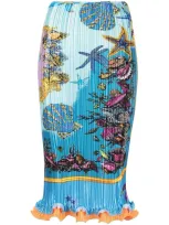 Versace Tresor De La Mer Printed Plisse Pleated Midi Skirt In Blue