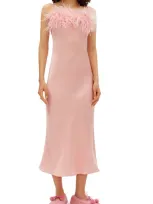 Sleeper Boheme Slip Dress With Feathers In Dust Pink