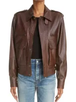 Saint Laurent Oversized Leather Jacket In Brun Fauve